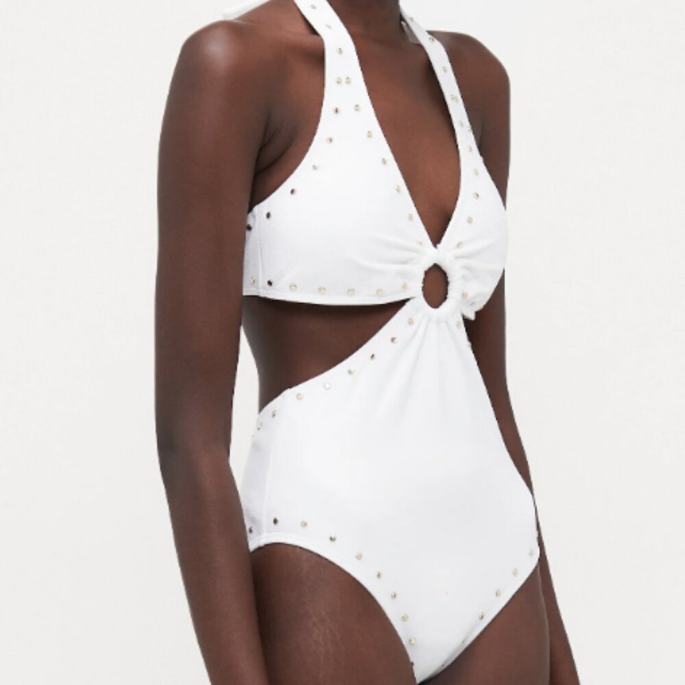 New Michael Kors White Studded One-Piece Halter Swimsuit Size 10